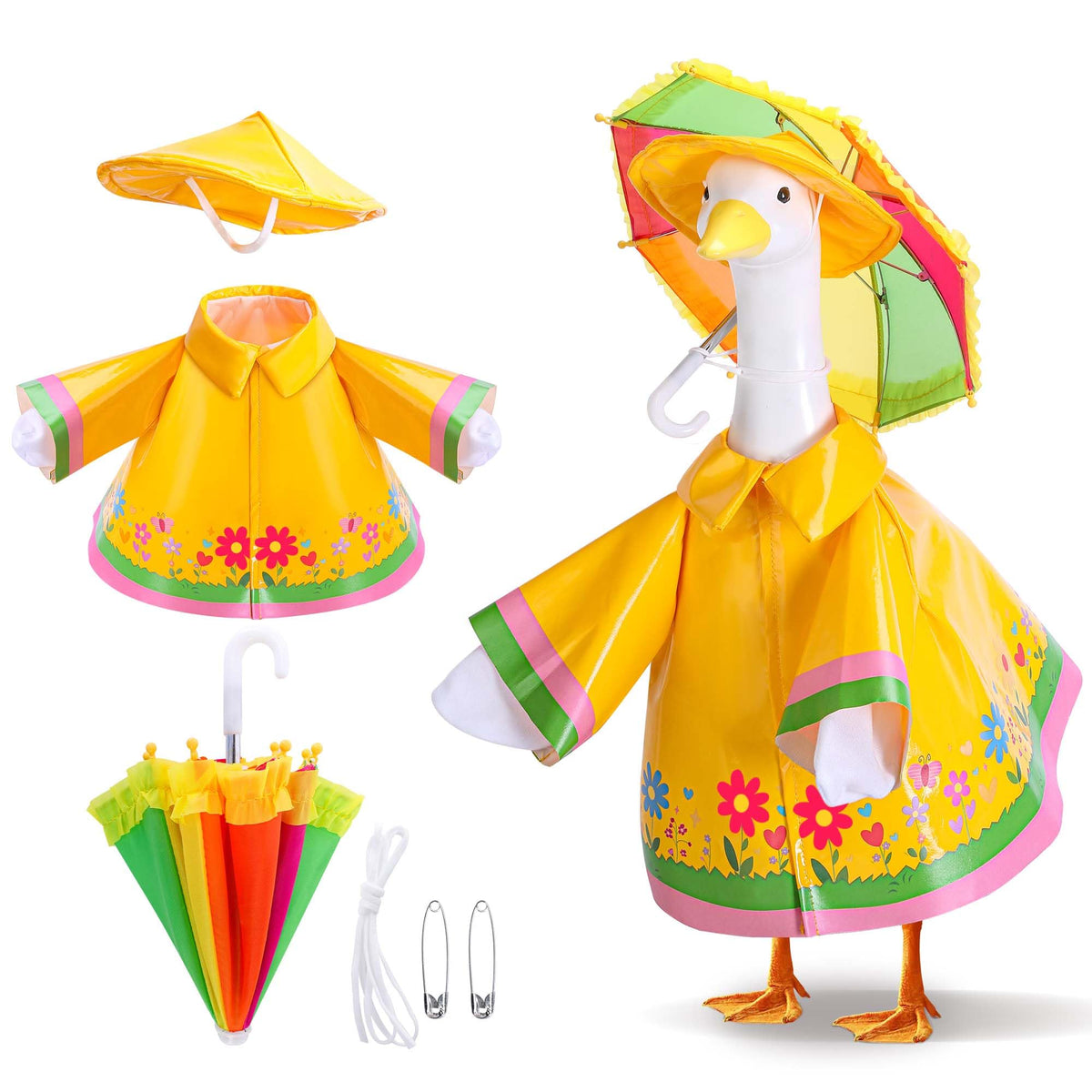 DECOHS goose raincoat outfit in bright yellow on a lawn statue for playful outdoor decor.