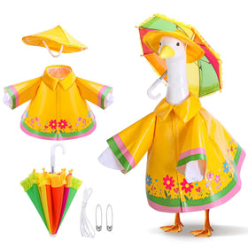 DECOHS goose raincoat outfit in bright yellow on a lawn statue for playful outdoor decor.
