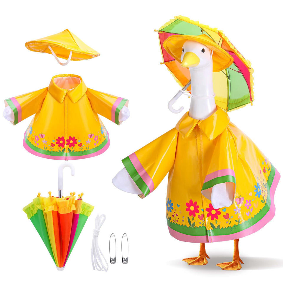 DECOHS goose raincoat outfit in bright yellow on a lawn statue for playful outdoor decor.