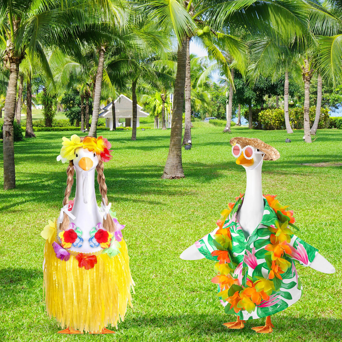 DECOHS wig and glasses on goose statue offers customizable summer style.