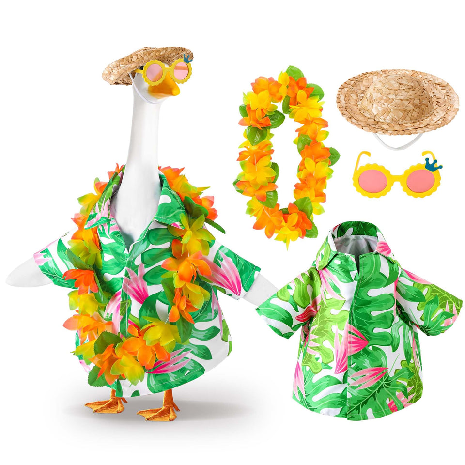DECOHS Hawaiian goose shirt on statue brightens porch decor.