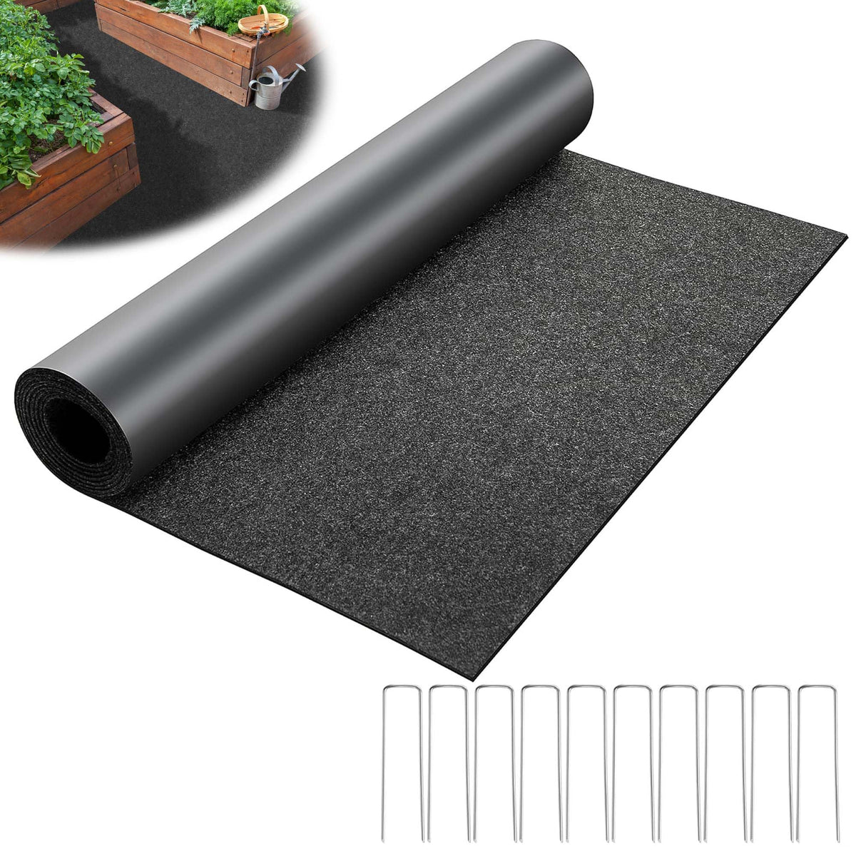 DECOHS mulch mat roll laid over soil for weed control in a 10x2 ft area