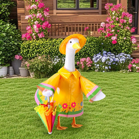 DECOHS porch goose decor with raincoat set enhances garden ambiance during showers.