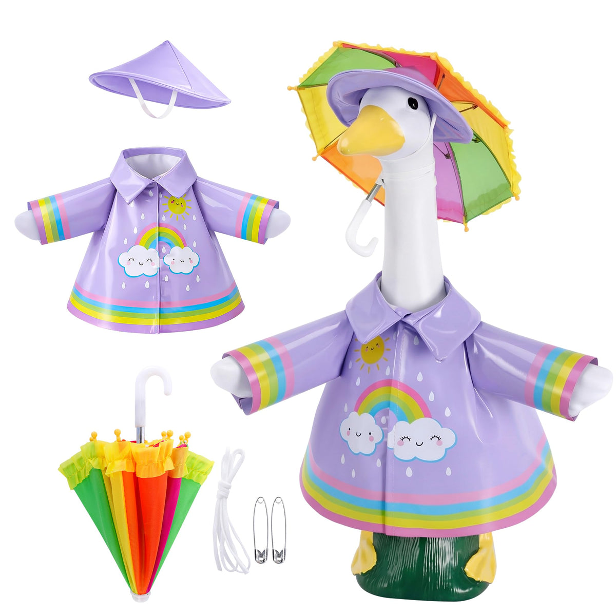 DECOHS raincoat outfit on a 23-inch goose statue adds playful curb appeal