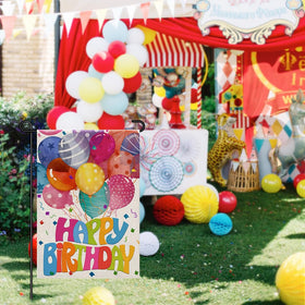 Decorhua Happy Birthday flag easy install with top sleeve on flag stands.
