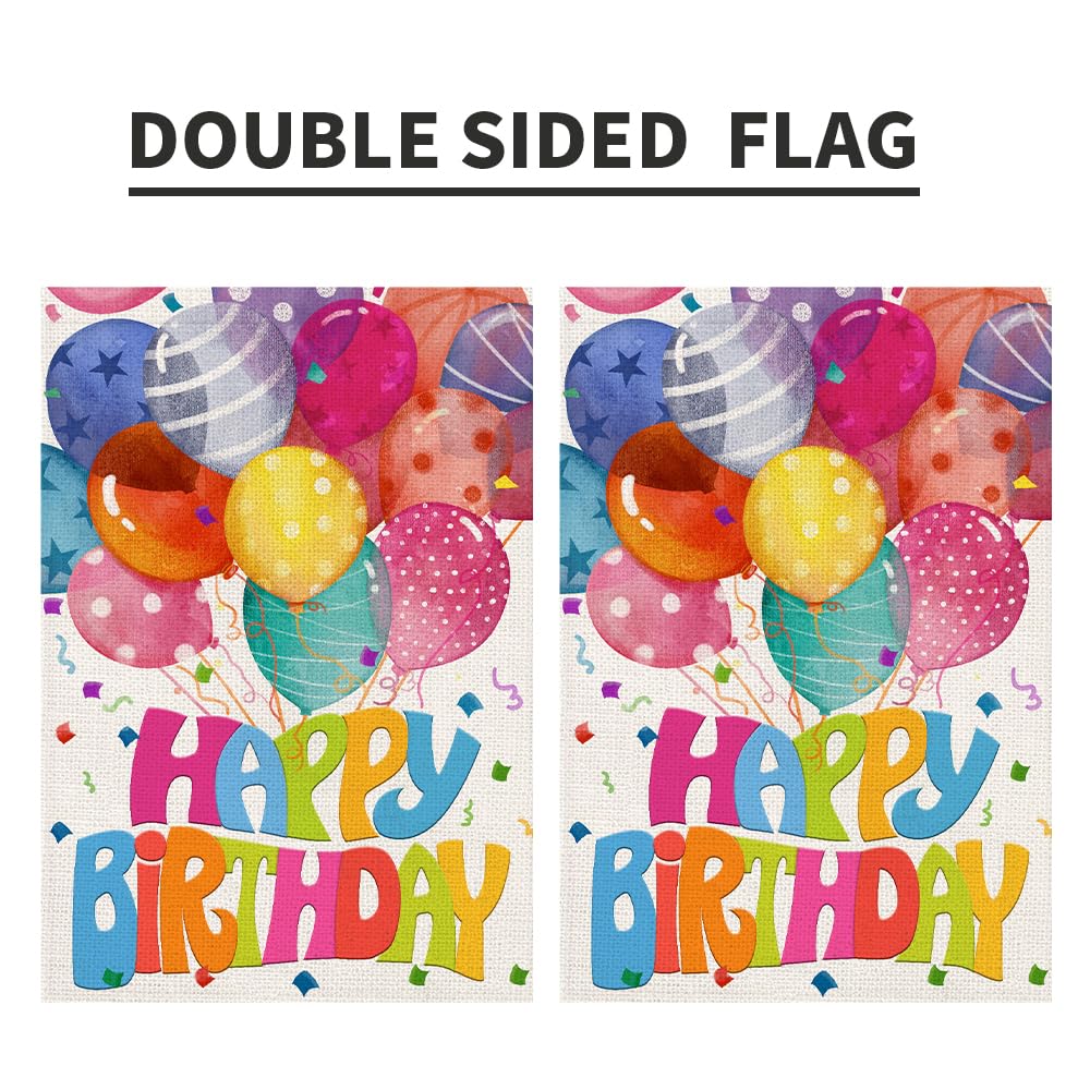 Decorhua Happy Birthday flag colorful balloons motif enhances garden party ambiance.