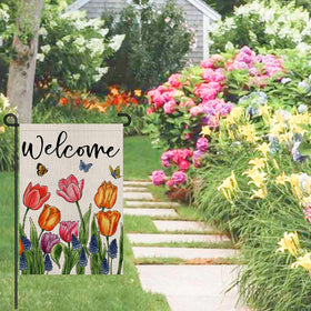 Decorhua flag hanging on a porch rail as a welcoming sign