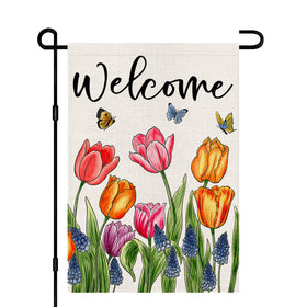 Decorhua Tulip Lavender Garden Flag on porch, spring welcome image with vibrant colors