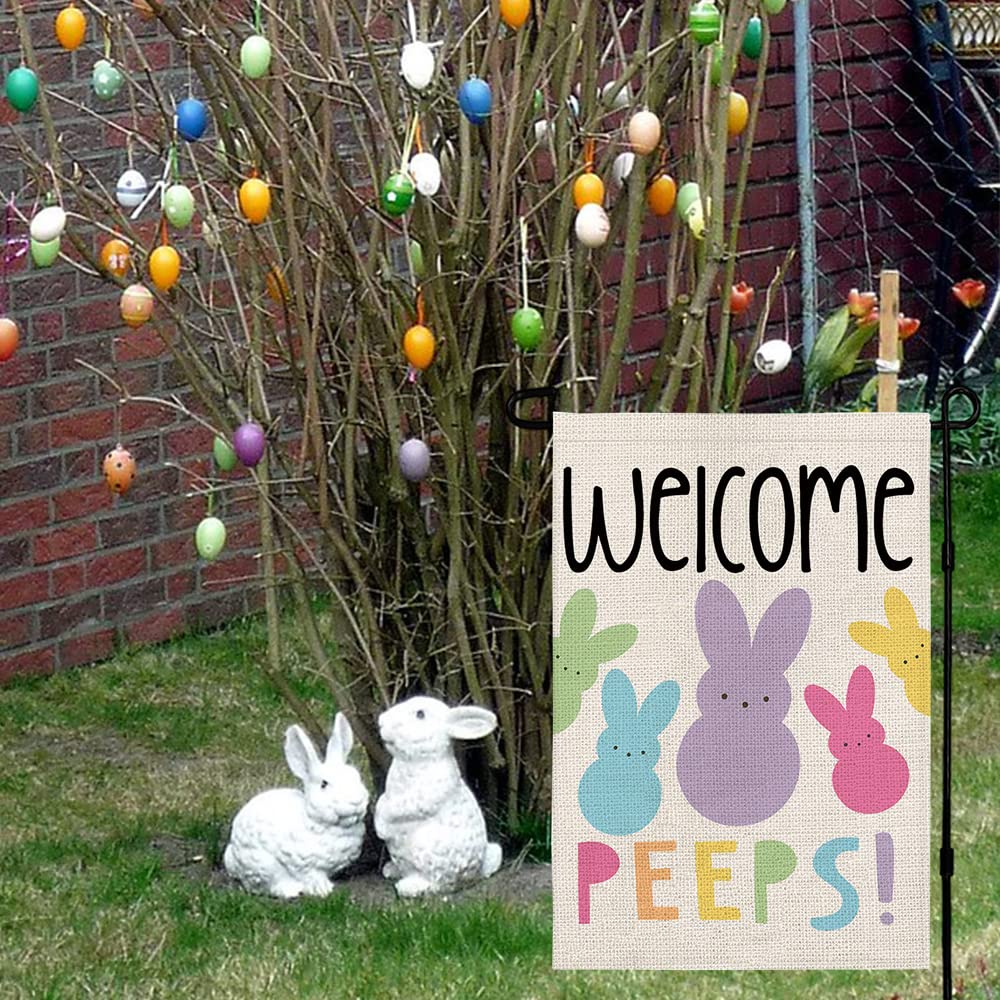 Decorhua Welcome Easter Garden Flag showing standard flag stand compatibility for easy hanging