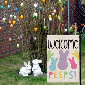 Decorhua Welcome Easter Garden Flag showing standard flag stand compatibility for easy hanging