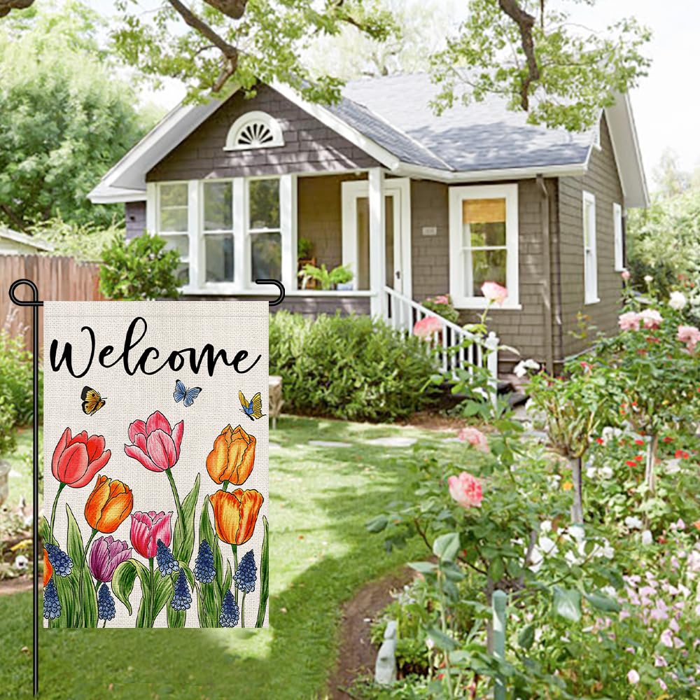 Decorhua yard flag displayed on a deck for garden decor