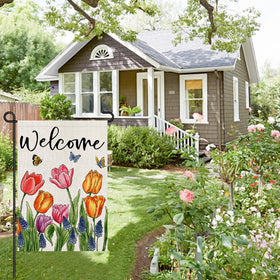 Decorhua yard flag displayed on a deck for garden decor
