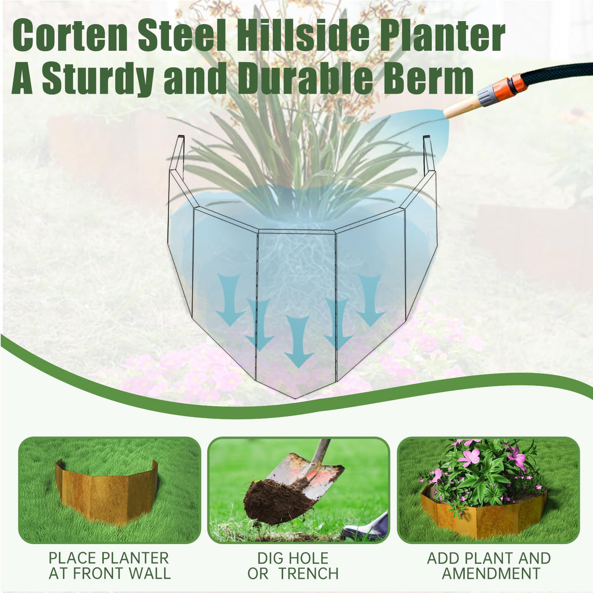 Decoroca Corten Steel Hillside Planter on slope installation demonstrates quick setup.