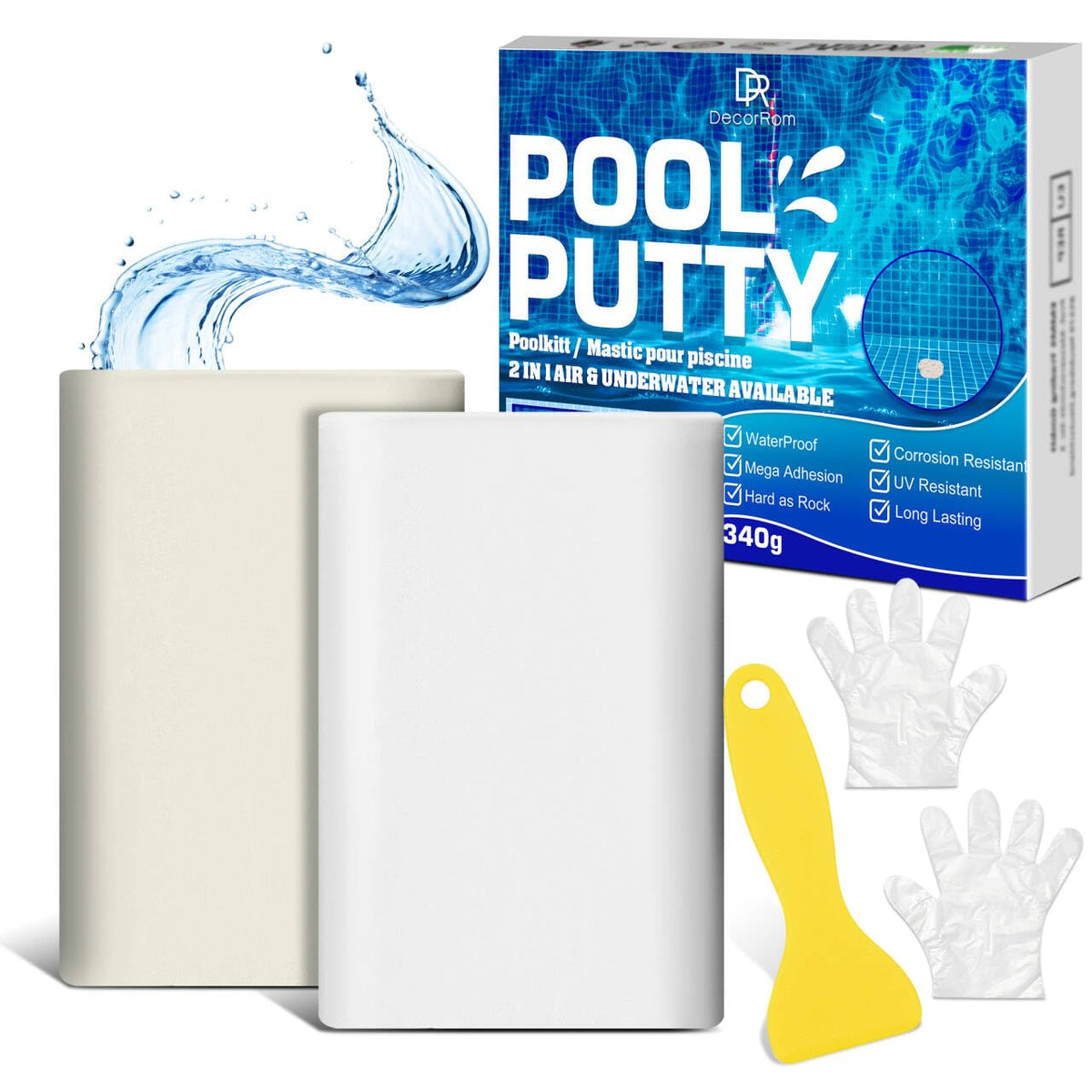 DecorRom Pool Putty 12oz bottle ready for underwater and above water repairs