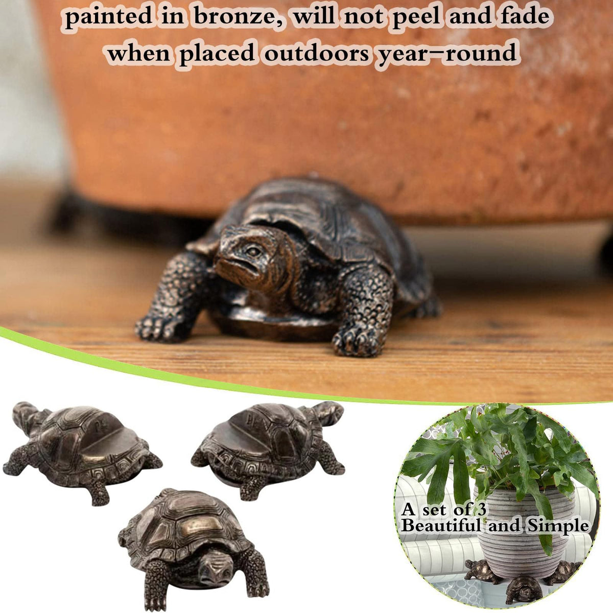 DecoVista tortoise resin pot feet with bronze finish resist UV and frost outdoors.