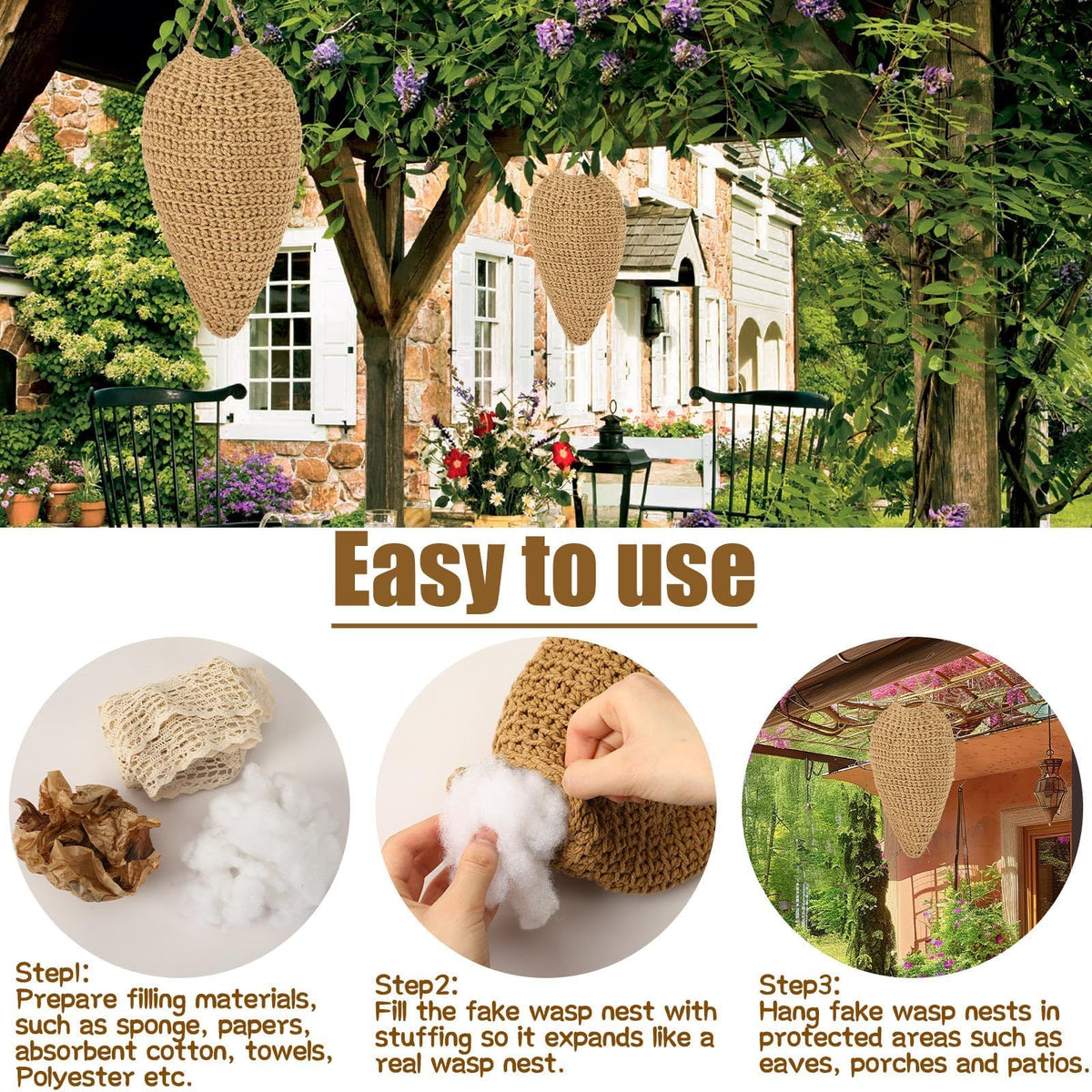 DECYOOL crochet wasp nest decoy garden setup protects yard spaces from hornets