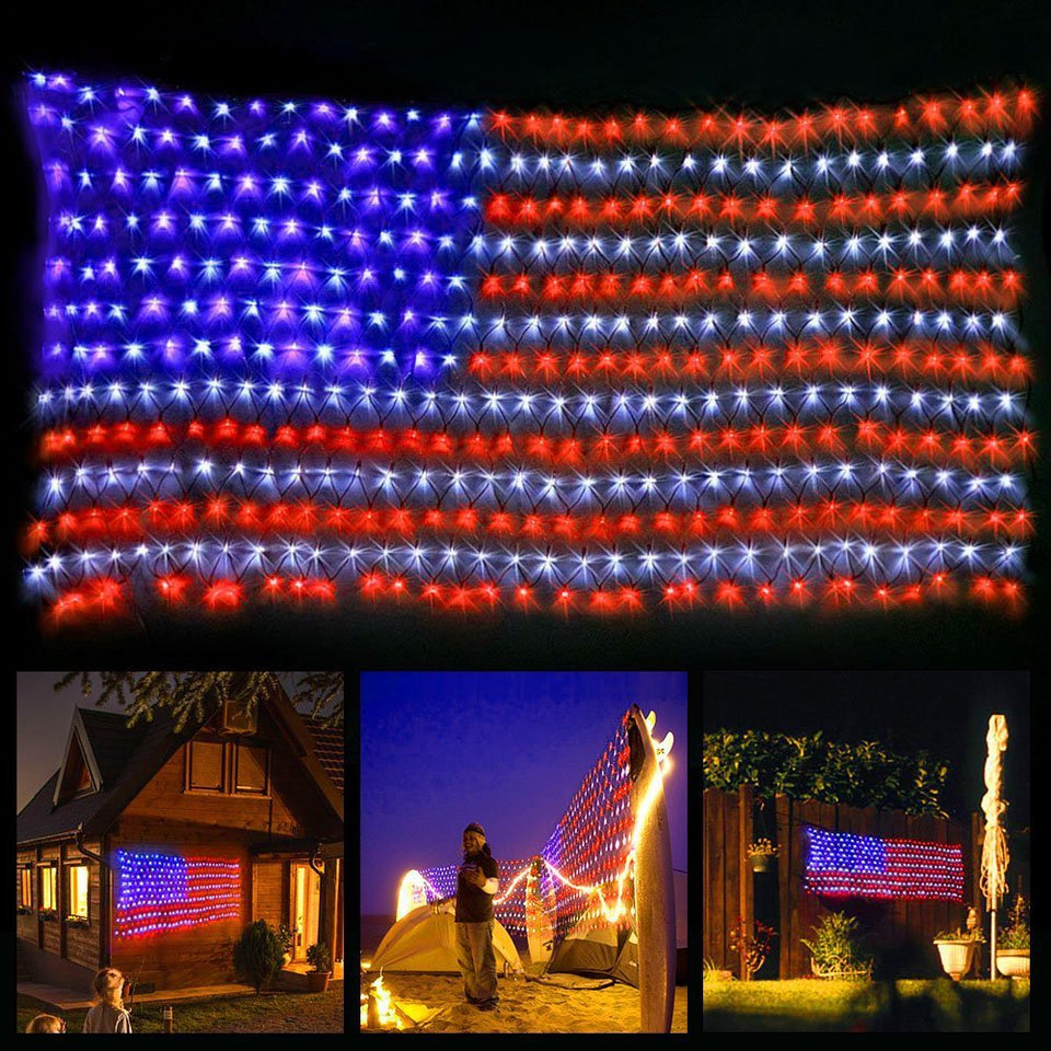 Decute American LED Flag Net Lights illuminate the flag for outdoor celebrations.