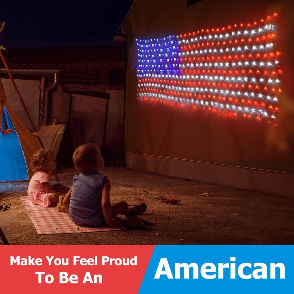 Decute patriotic lights create festive ambiance for Memorial Day and 4th of July.