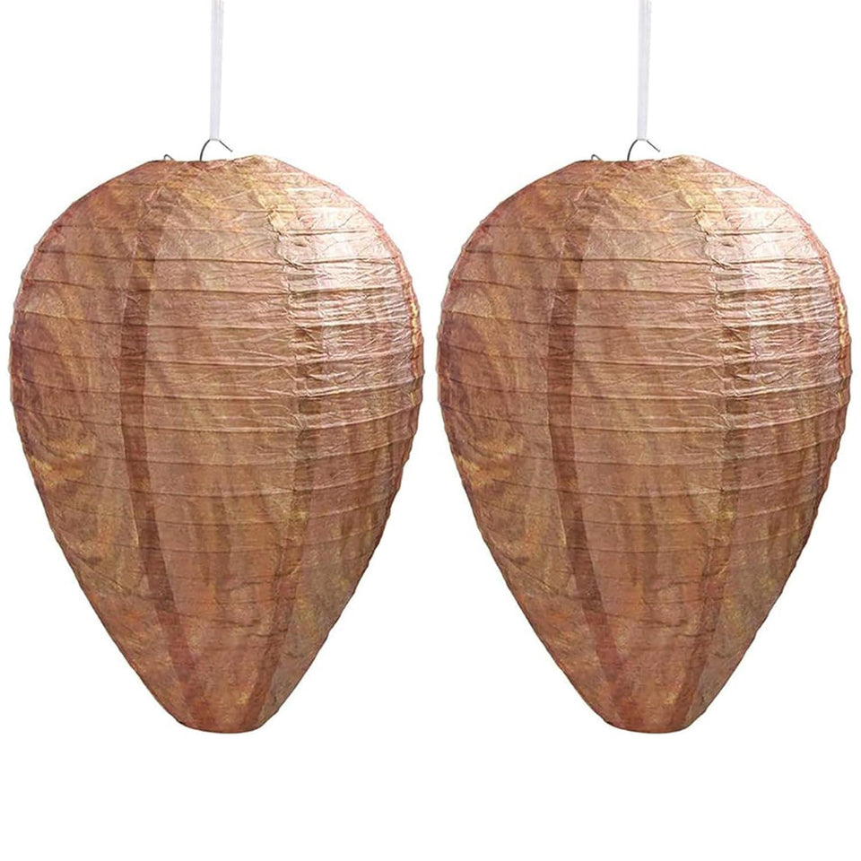 Decyool 2-pack paper wasp nest decoy hanging from an eave to deter wasps.