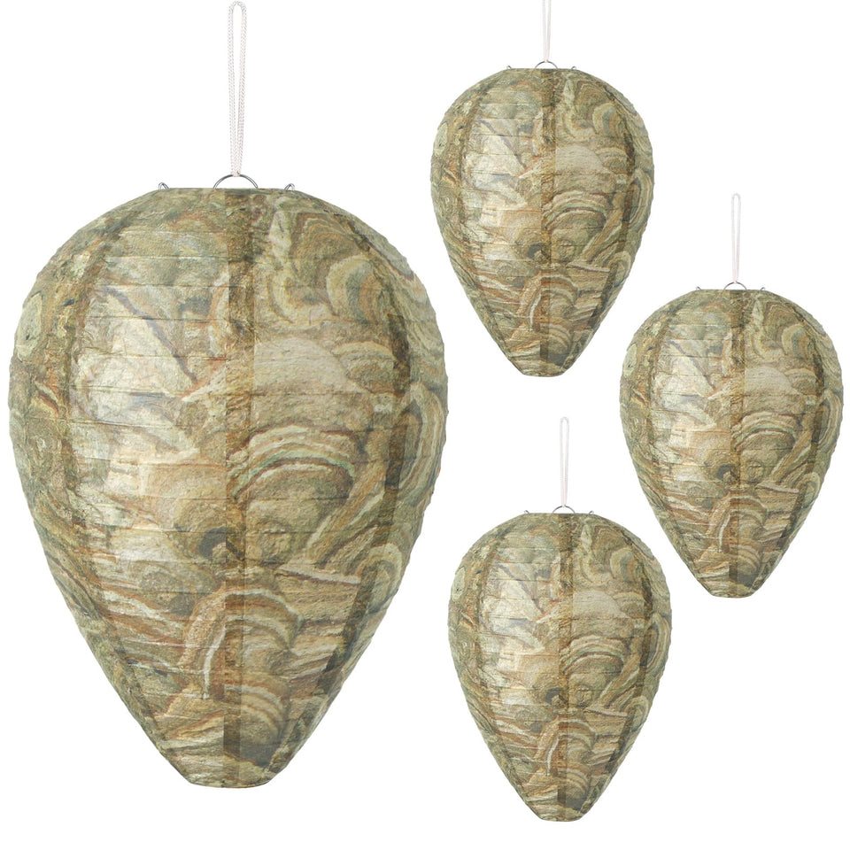 DECYOOL 4-pack brown-green wasp nest decoy hanging to deter wasps near outdoor spaces.