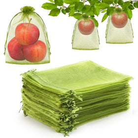 DECYOOL fruit protection bags in green mesh covering fruits for airflow and protection