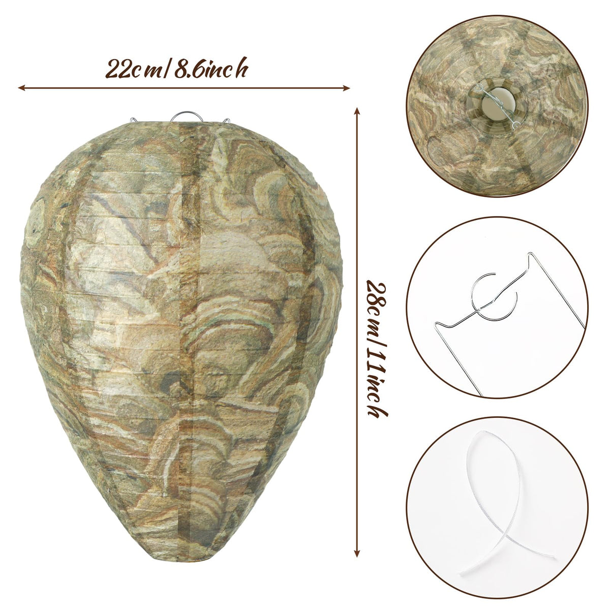 DECYOOL wasp nest decoy with 8.5-inch diameter and 11-inch height for outdoor deterrence.