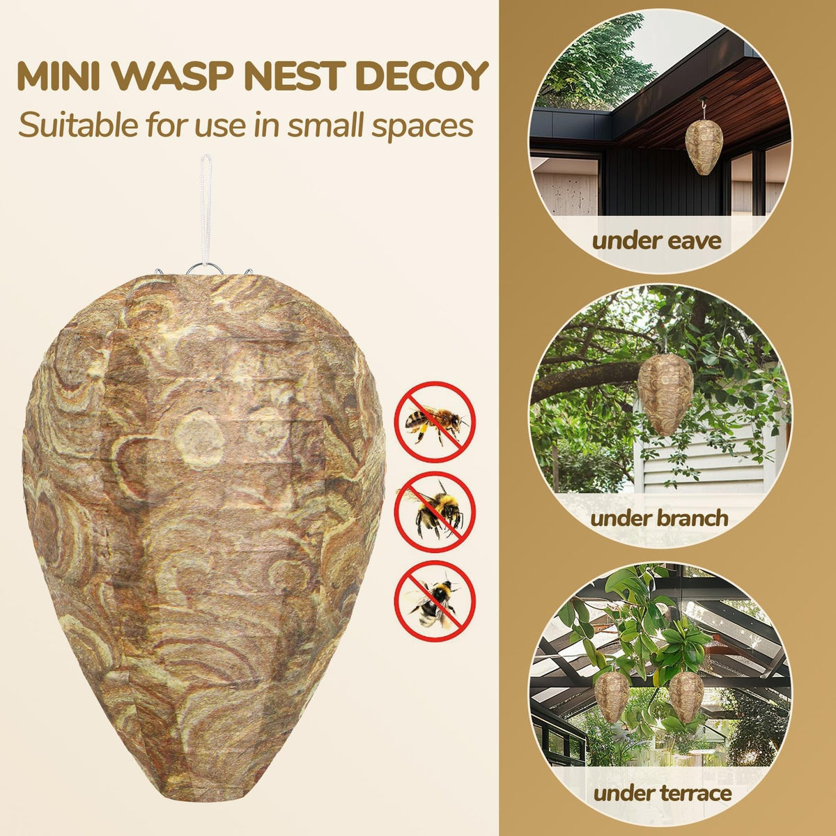 DECYOOL nest decoy hung under eave showing natural camouflage for yard protection