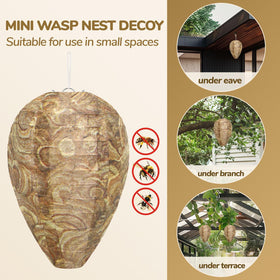 DECYOOL nest decoy hung under eave showing natural camouflage for yard protection