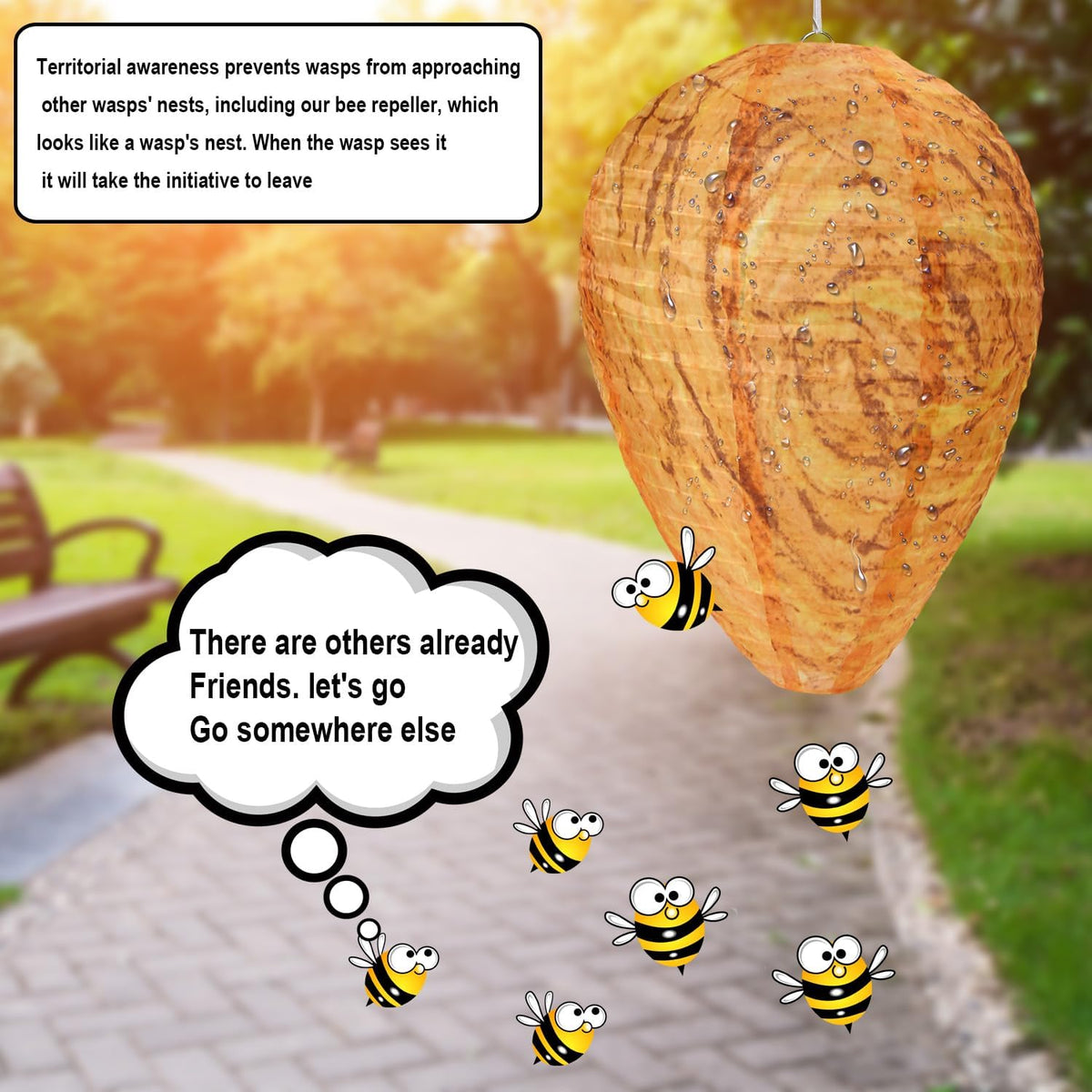 Large orange hanging nest helps create credible wasp deterrence.