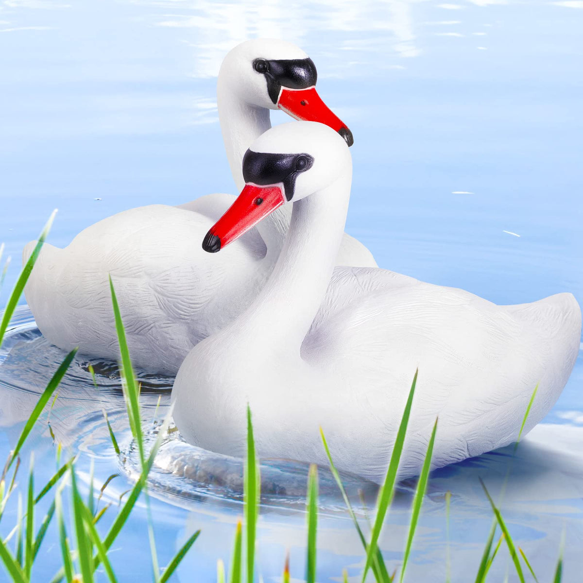 Deekin swan decoy floating set enhances pond visibility and deters wildlife.