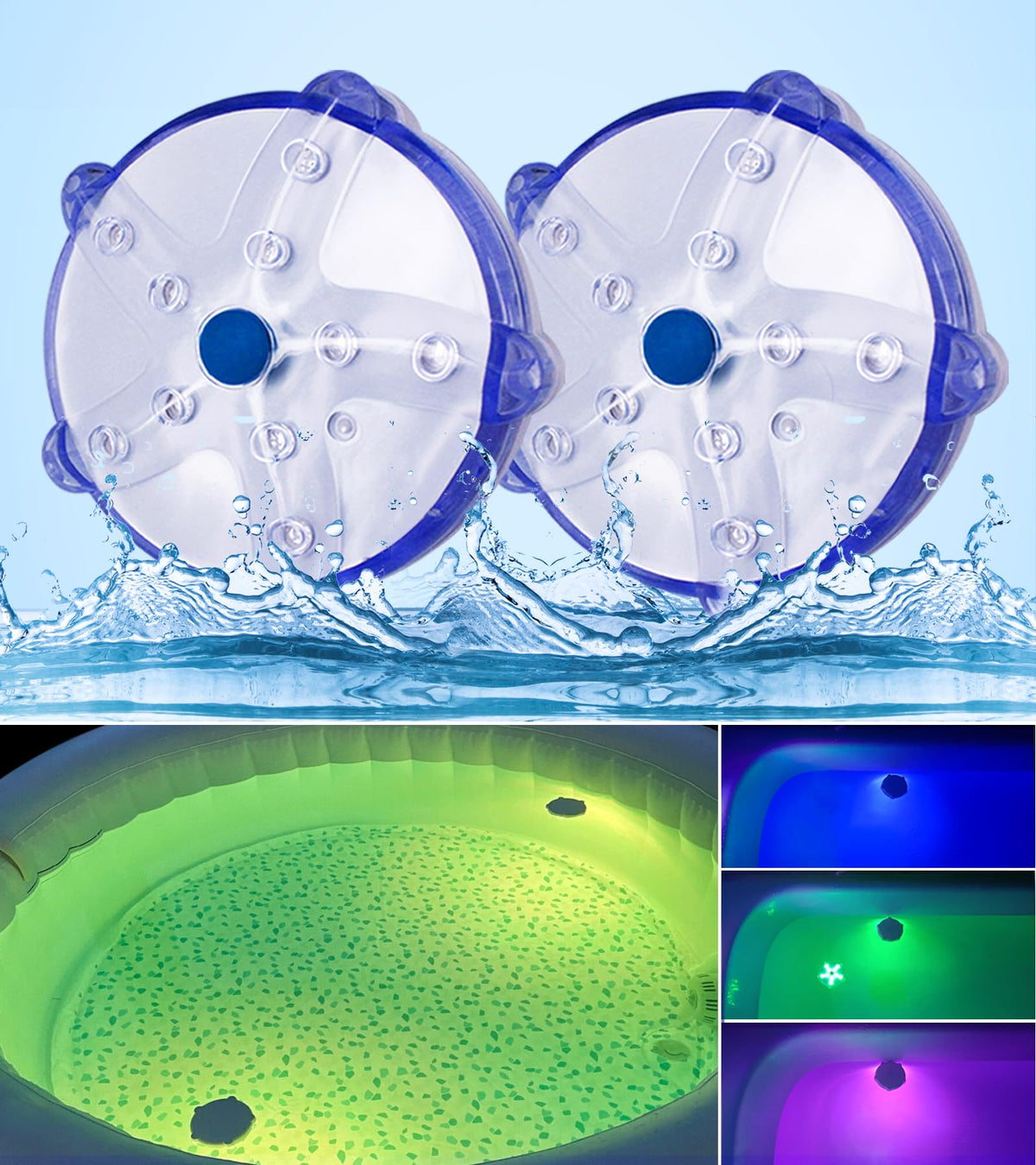 DeeprBetter floating pool light showing seven color options for pool ambiance