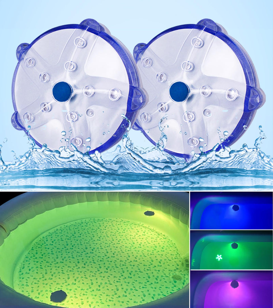 DeeprBetter floating pool light showing seven color options for pool ambiance