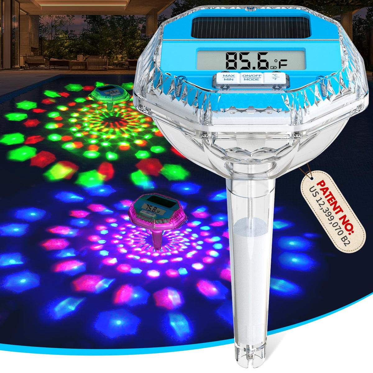 DeeprBlu solar pool thermometer con lectura clara en LCD grande