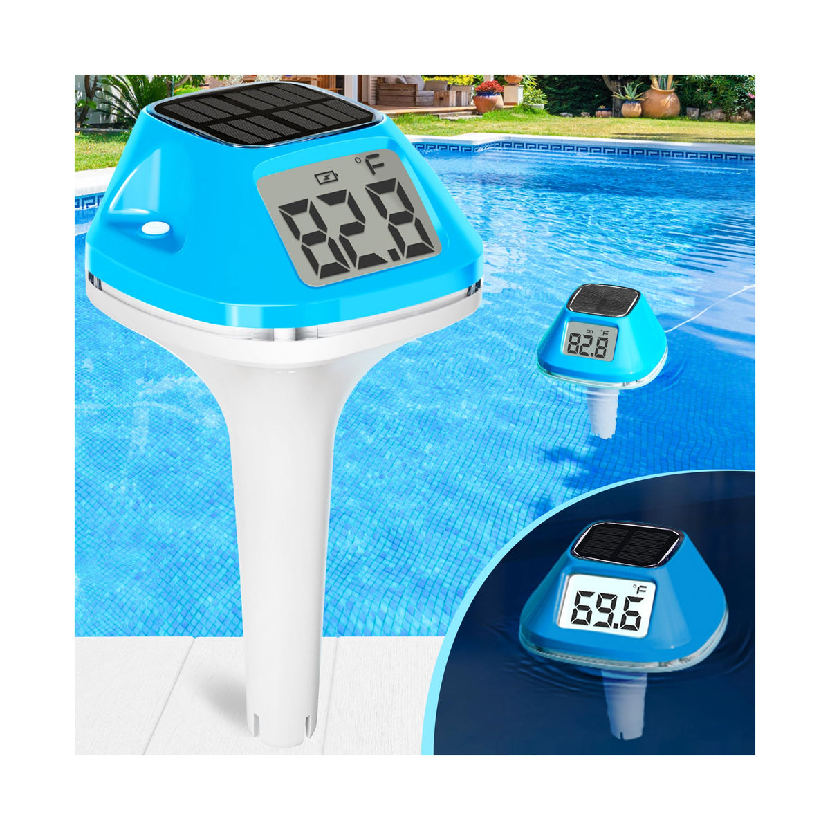 DeeprBlu solar pool thermometer with rope for secure floating readings.