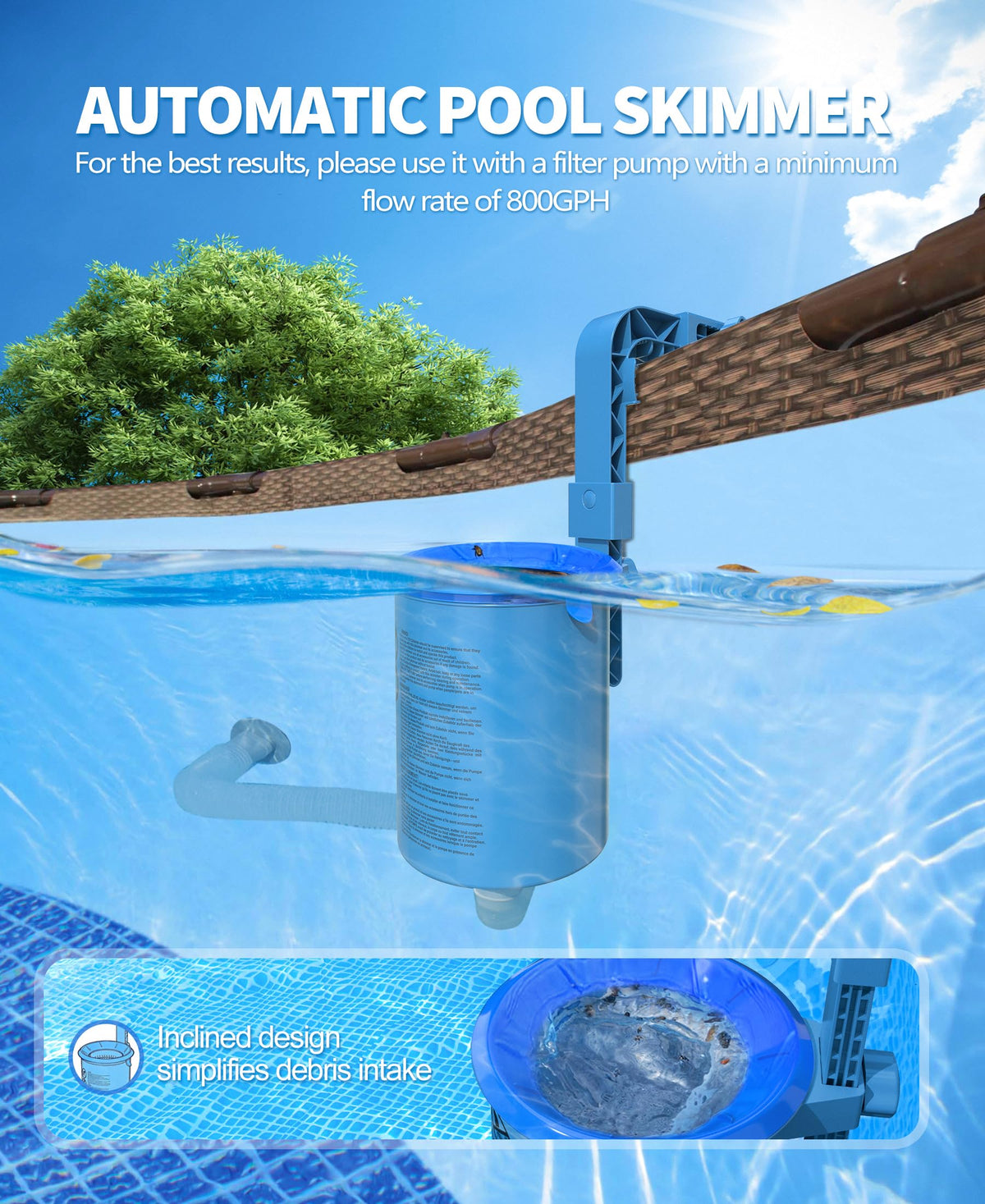 DeeprClean surface skimmer captures leaves and pollen at the water surface.