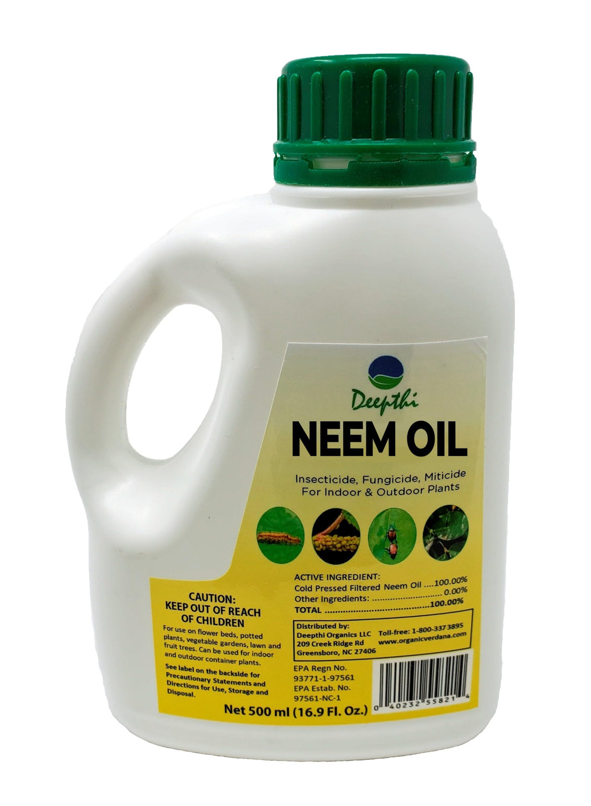 Deepthi Pure Neem Oil bottle for natural garden pest control.