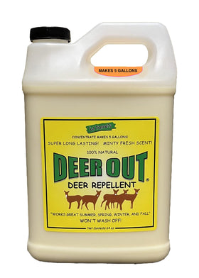 Deer Out half-gallon bottle ready to protect garden plants from deer.