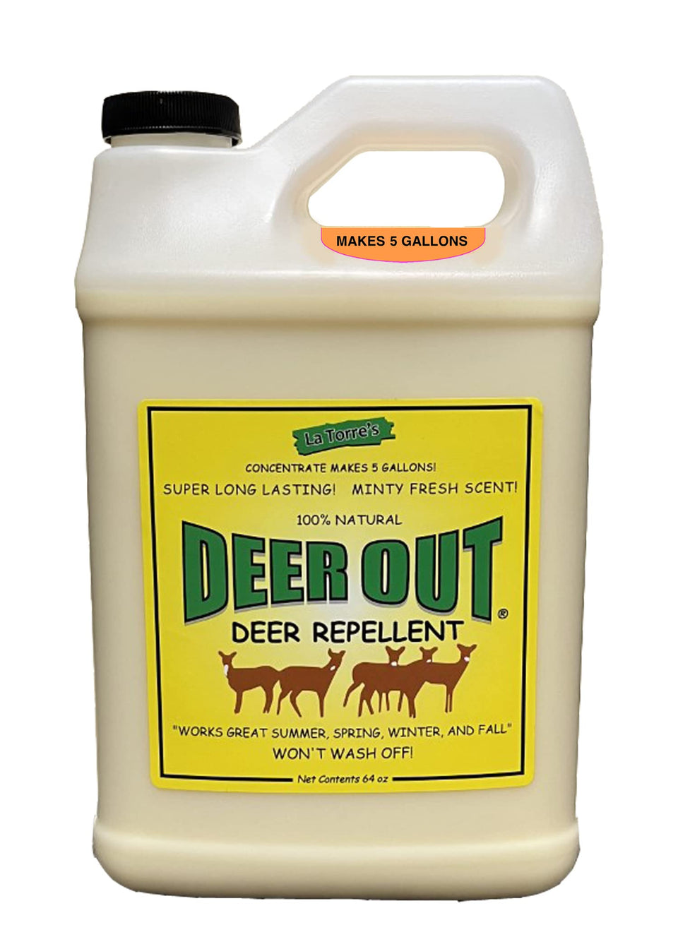 Deer Out half-gallon bottle ready to protect garden plants from deer.