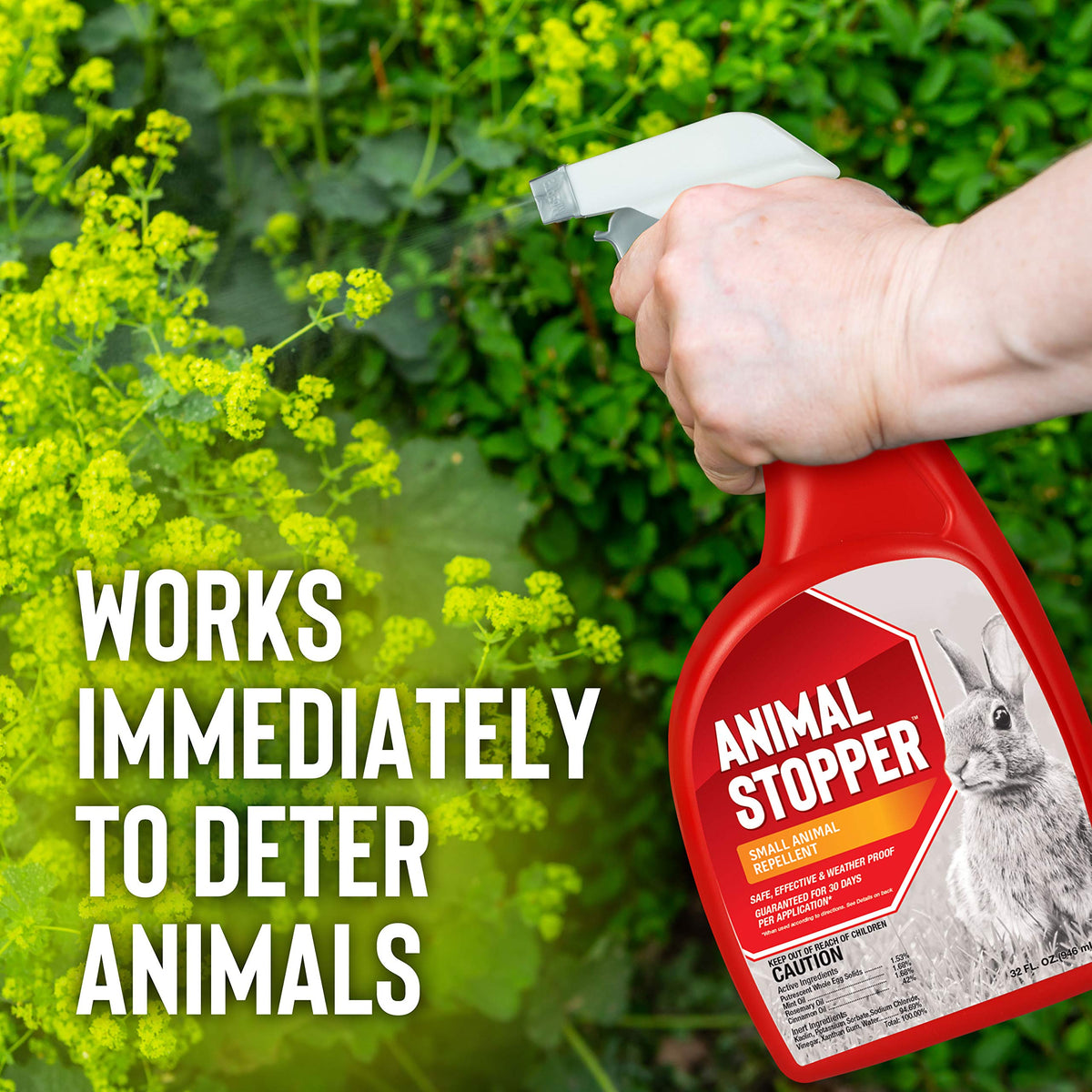 Deer Stopper Animal Stopper Liquid garden-deter highlights a safe, plant-friendly solution near edibles.