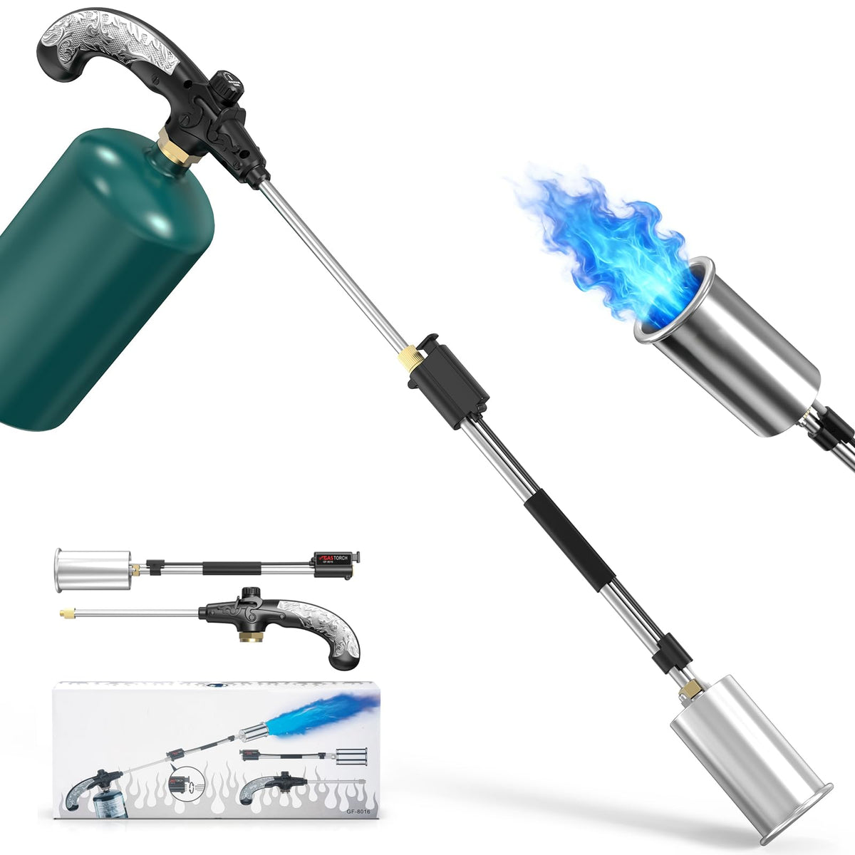 Defabee weed torch push-button igniter enables fast weed control and easy use.