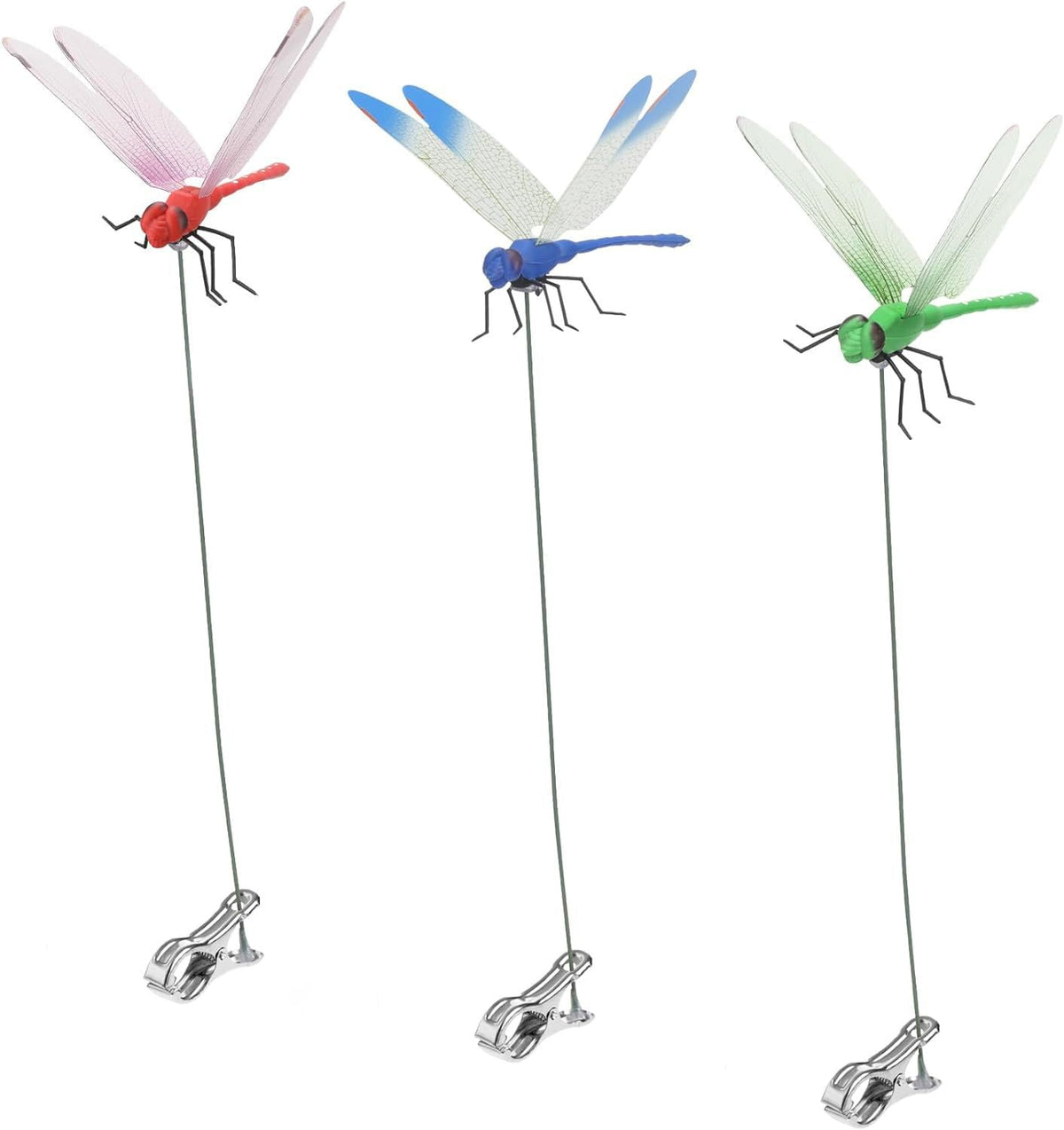 Defemim Dragonfly Clip 3D Garden Stake in vivid color variation for outdoor decor and pest deterrence.