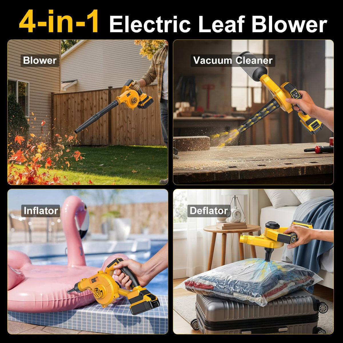 DeForce leaf blower with 3 nozzles enables versatile cleaning tasks.