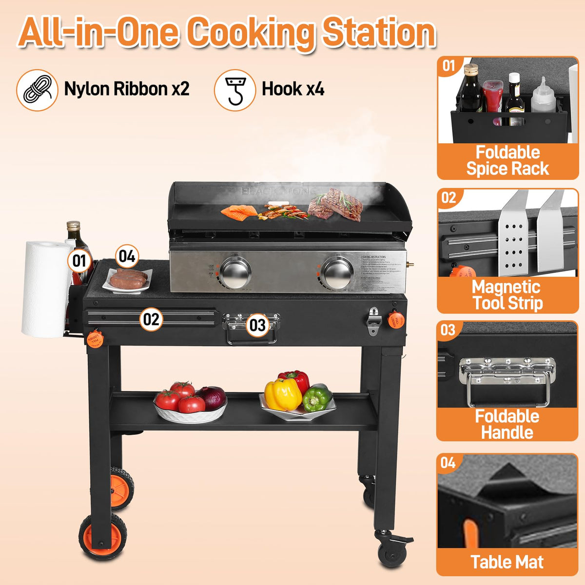DeintYei griddle stand with caddy keeping spices and tools within reach.