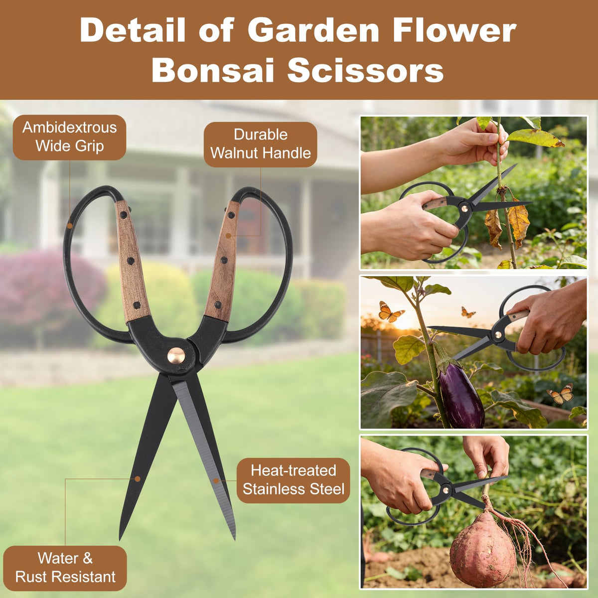 DEKELIY dual-grip walnut bonsai scissors for left and right hands