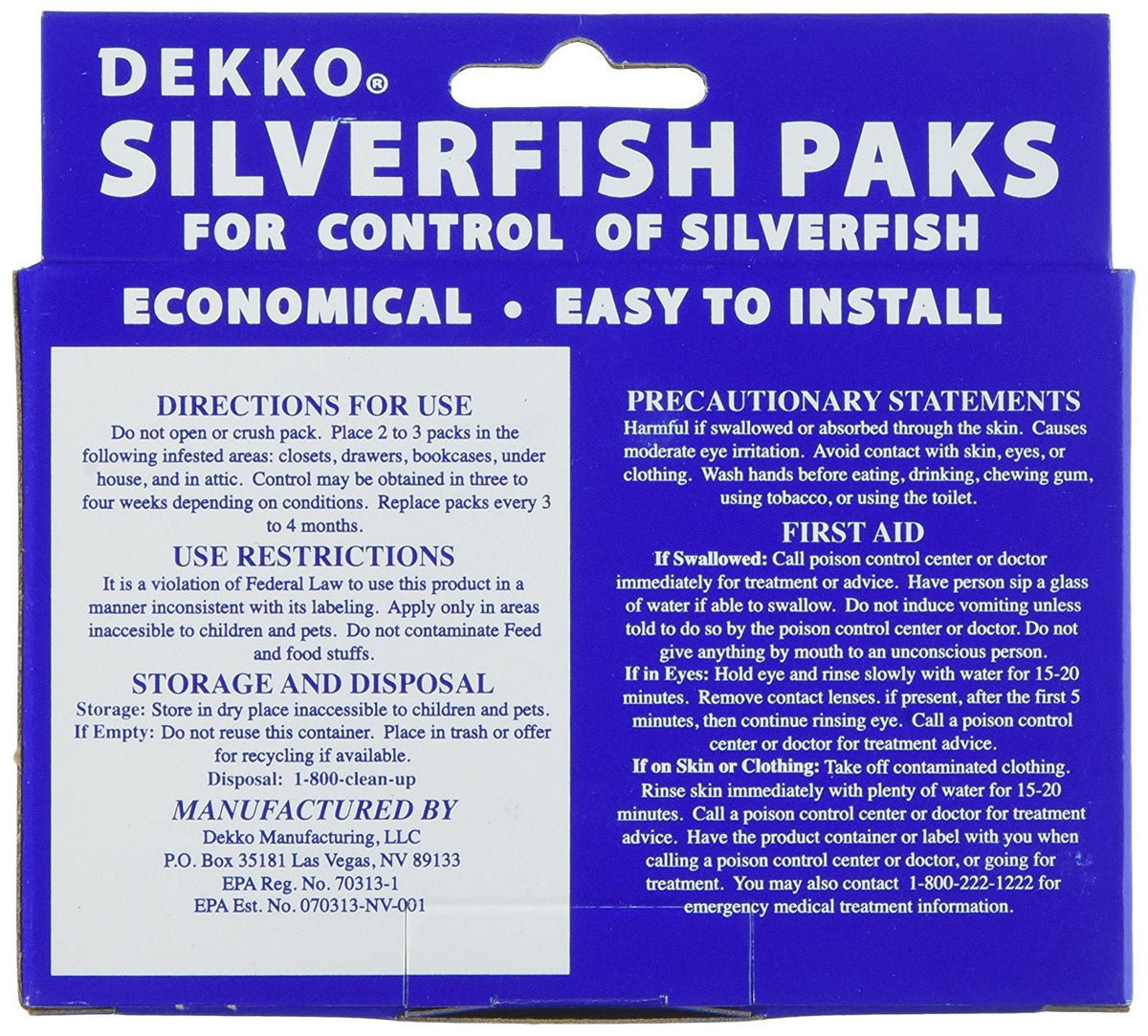 Dekko Silverfish Paks odorless bait ready for closets and shelves in homes.