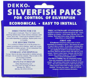 Dekko Silverfish Paks odorless bait ready for closets and shelves in homes.