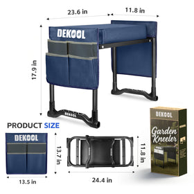 Dekool blue kneeler in use as a seating bench during gardening tasks.