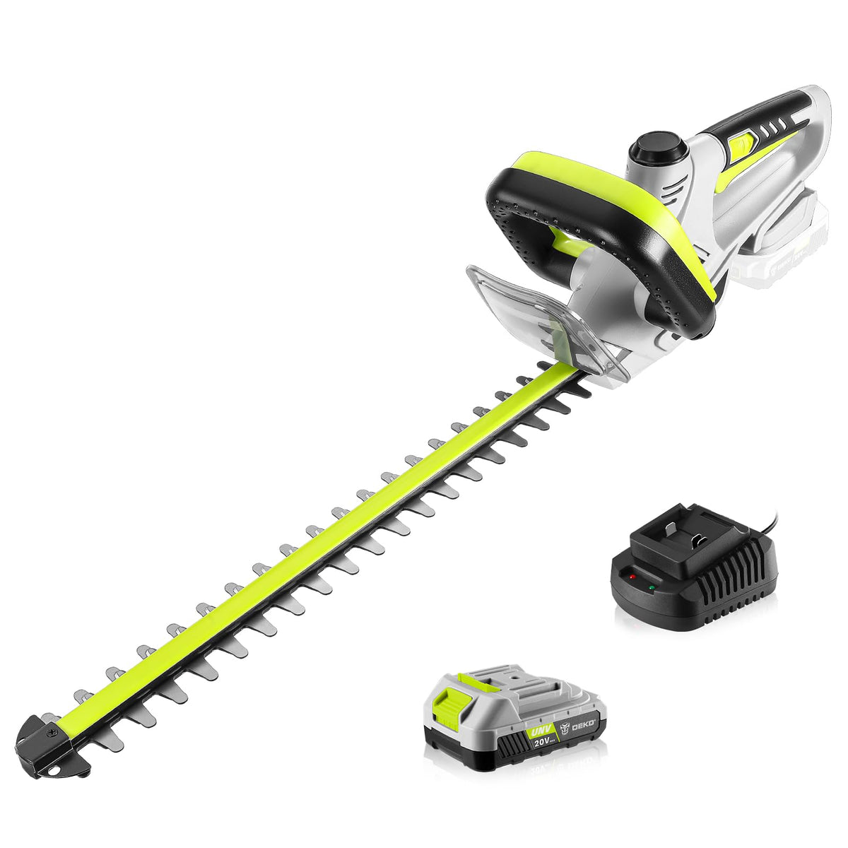 DEKOPRO hedge trimmer with battery-and-charger enables flexible yard trimming.