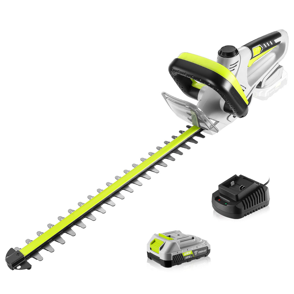 DEKOPRO hedge trimmer with battery-and-charger enables flexible yard trimming.