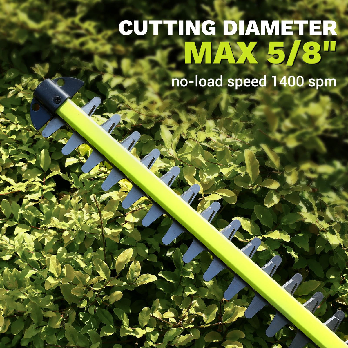 DEKOPRO hedge trimmer shows ergonomic-180-degree-handle for comfortable trimming.